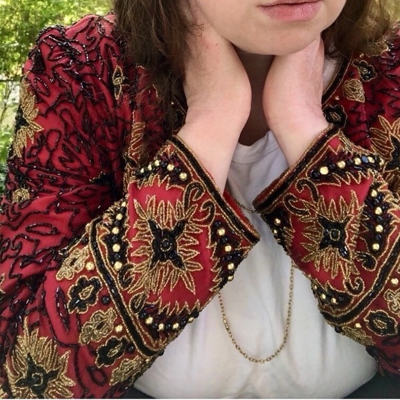 Adrianna Papell Red Beaded Silk Jacket Sz 10 Vintage Evening Statement - Picture 3 of 8